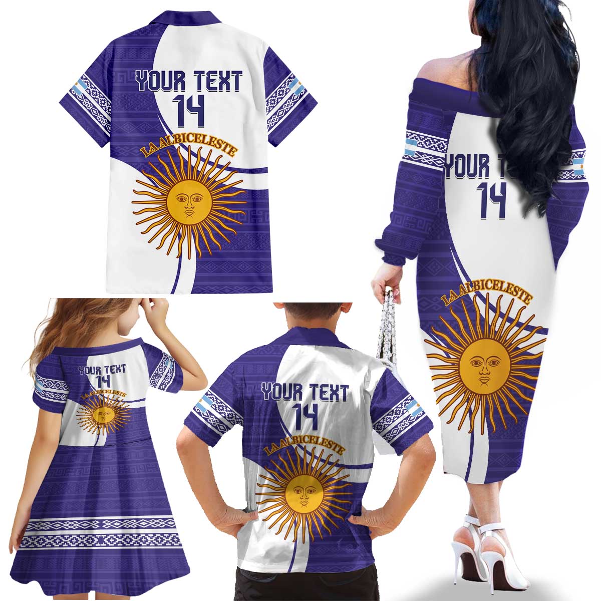Custom Argentina Football Family Matching Off The Shoulder Long Sleeve Dress and Hawaiian Shirt Vamos La Albiceleste - Purple Version - Wonder Print Shop