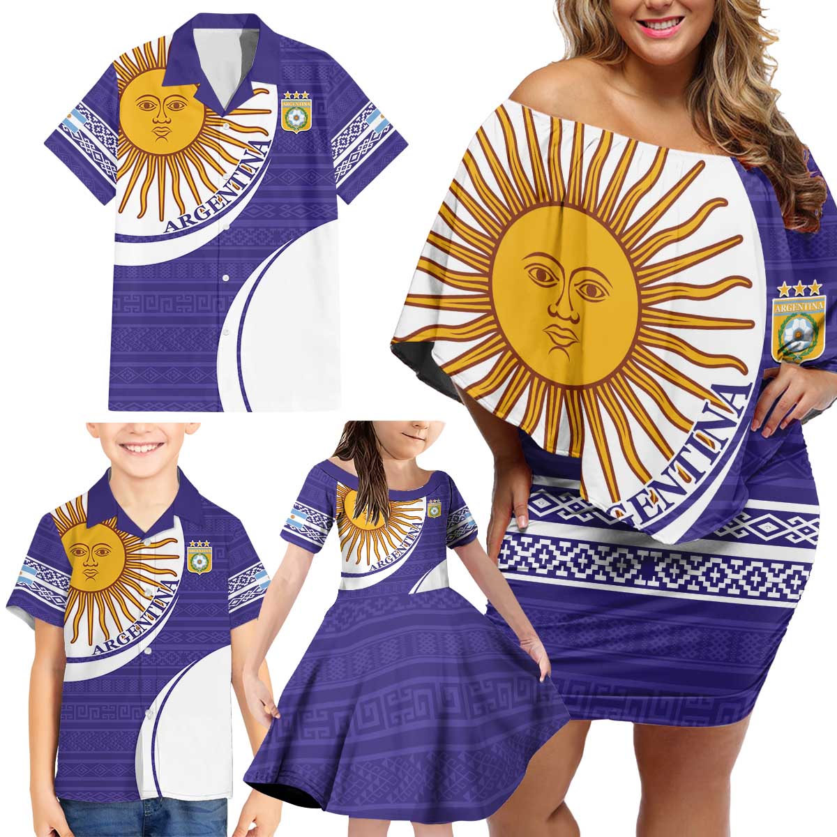 Custom Argentina Football Family Matching Off Shoulder Short Dress and Hawaiian Shirt Vamos La Albiceleste - Purple Version - Wonder Print Shop