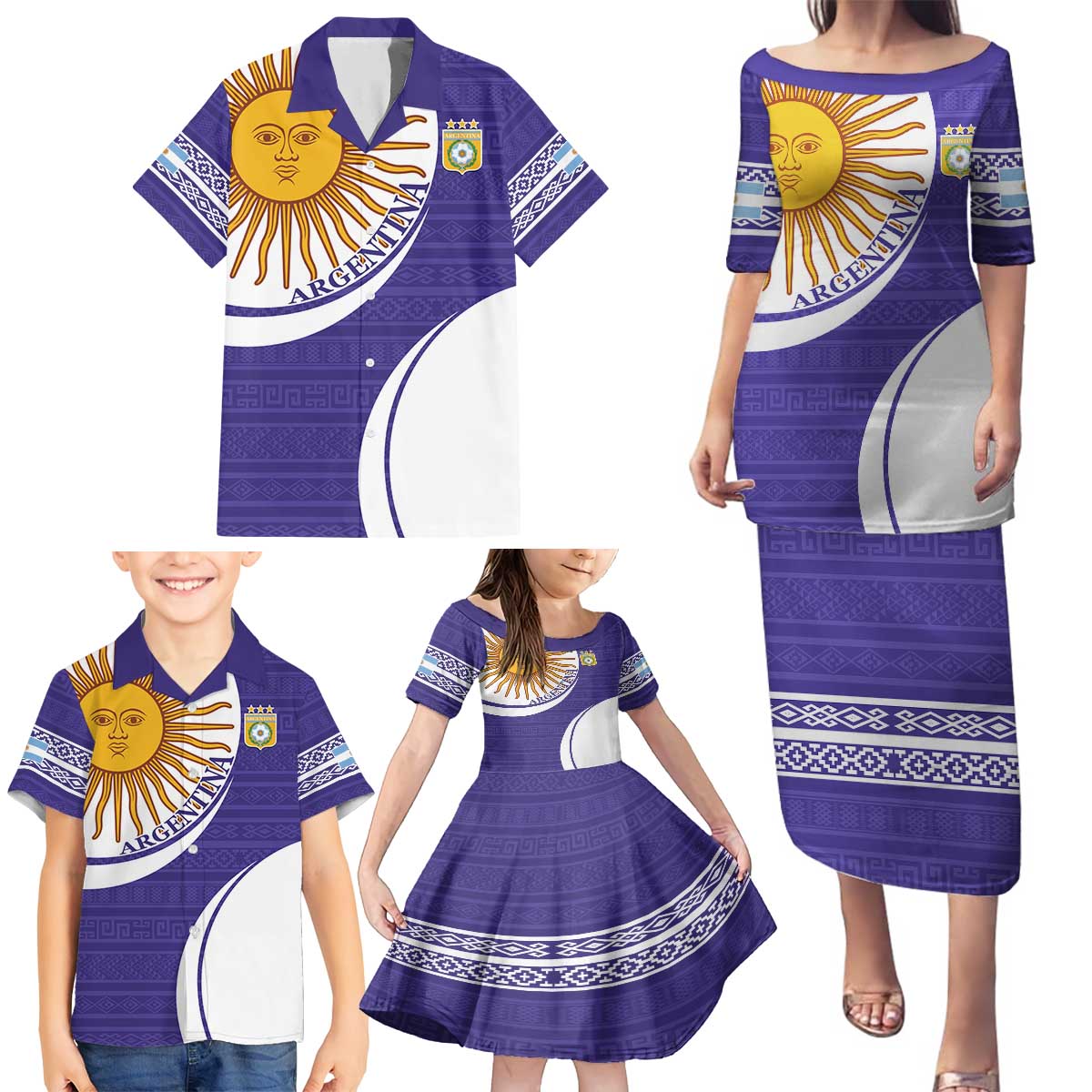 Custom Argentina Football Family Matching Puletasi and Hawaiian Shirt Vamos La Albiceleste - Purple Version - Wonder Print Shop
