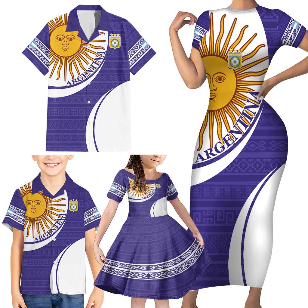 Custom Argentina Football Family Matching Short Sleeve Bodycon Dress and Hawaiian Shirt Vamos La Albiceleste - Purple Version - Wonder Print Shop