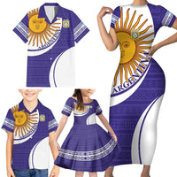 Custom Argentina Football Family Matching Short Sleeve Bodycon Dress and Hawaiian Shirt Vamos La Albiceleste - Purple Version - Wonder Print Shop