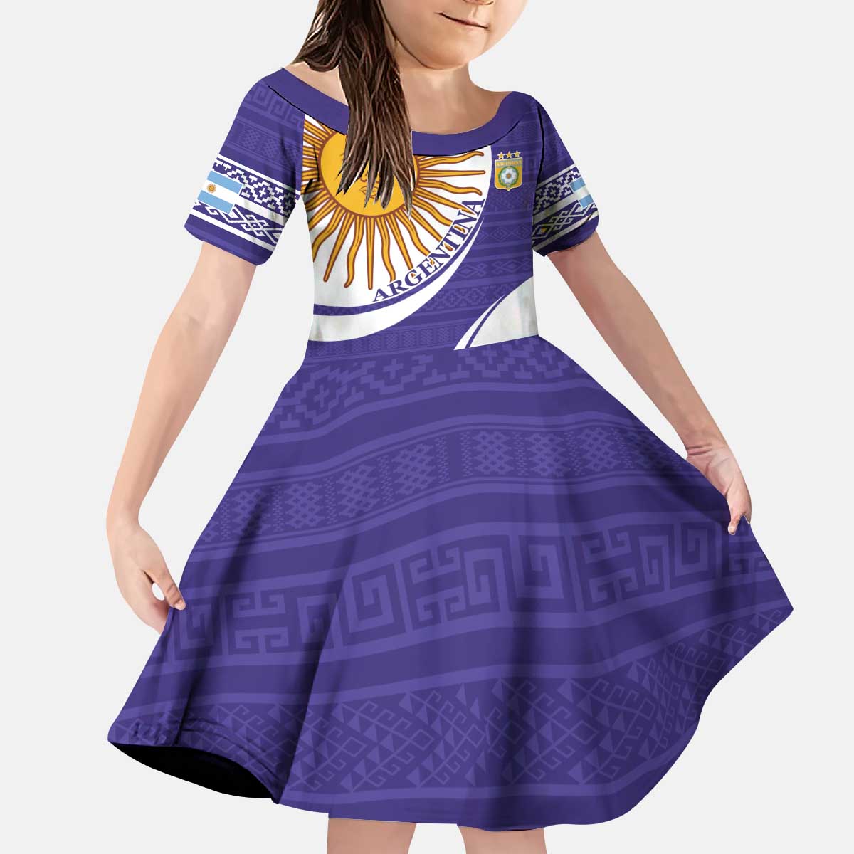 Custom Argentina Football Kid Short Sleeve Dress Vamos La Albiceleste - Purple Version - Wonder Print Shop