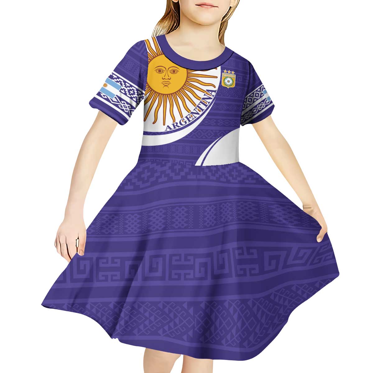Custom Argentina Football Kid Short Sleeve Dress Vamos La Albiceleste - Purple Version - Wonder Print Shop