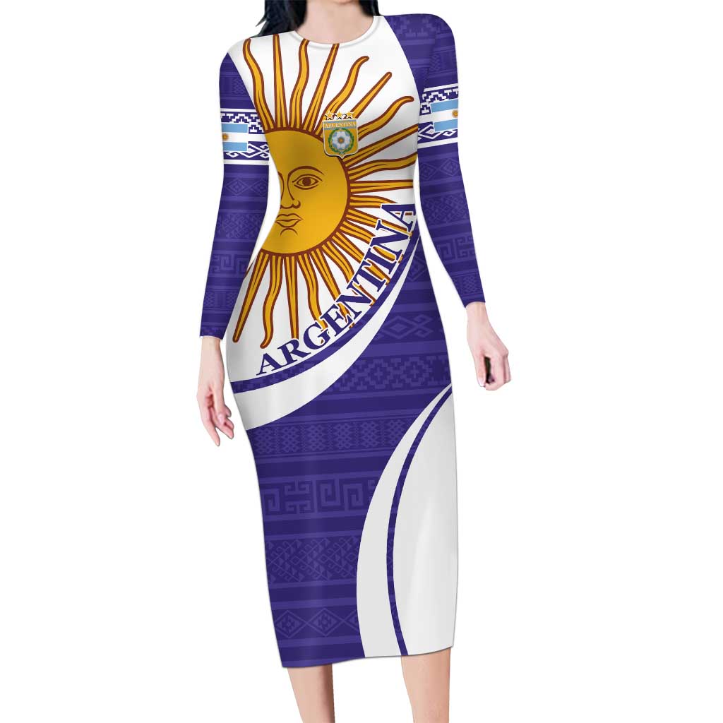 Custom Argentina Football Long Sleeve Bodycon Dress Vamos La Albiceleste - Purple Version - Wonder Print Shop
