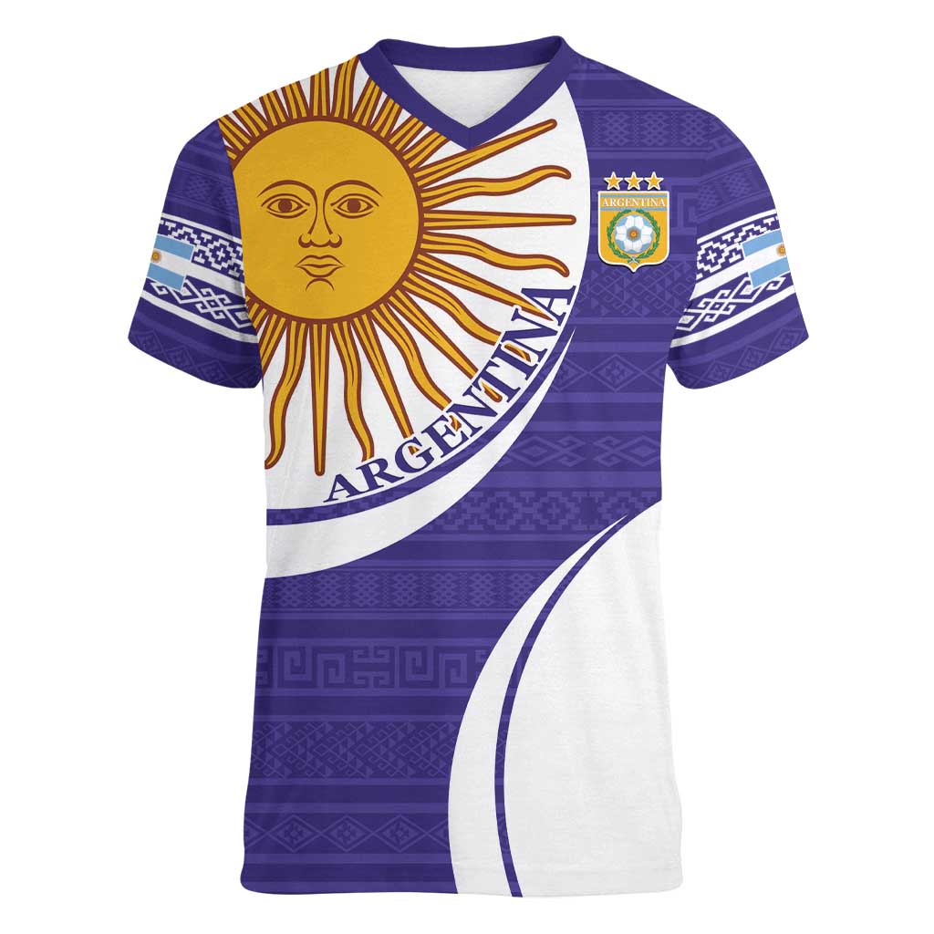 Custom Argentina Football Women V-Neck T-Shirt Vamos La Albiceleste - Purple Version - Wonder Print Shop