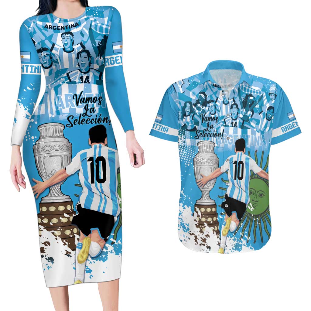 Custom Argentina Football 2024 Couples Matching Long Sleeve Bodycon Dress and Hawaiian Shirt Vamos La Seleccion We Are The Champions - Wonder Print Shop