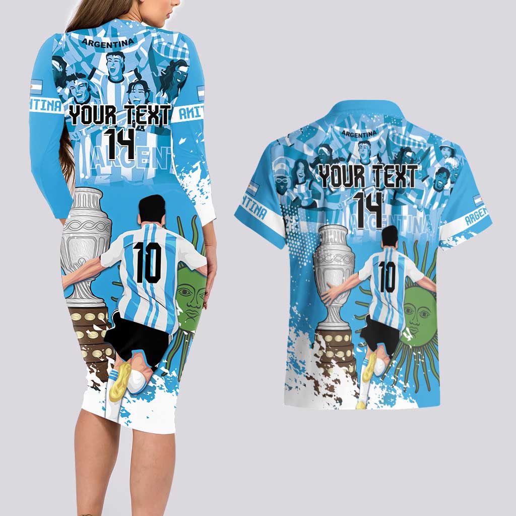 Custom Argentina Football 2024 Couples Matching Long Sleeve Bodycon Dress and Hawaiian Shirt Vamos La Seleccion We Are The Champions - Wonder Print Shop