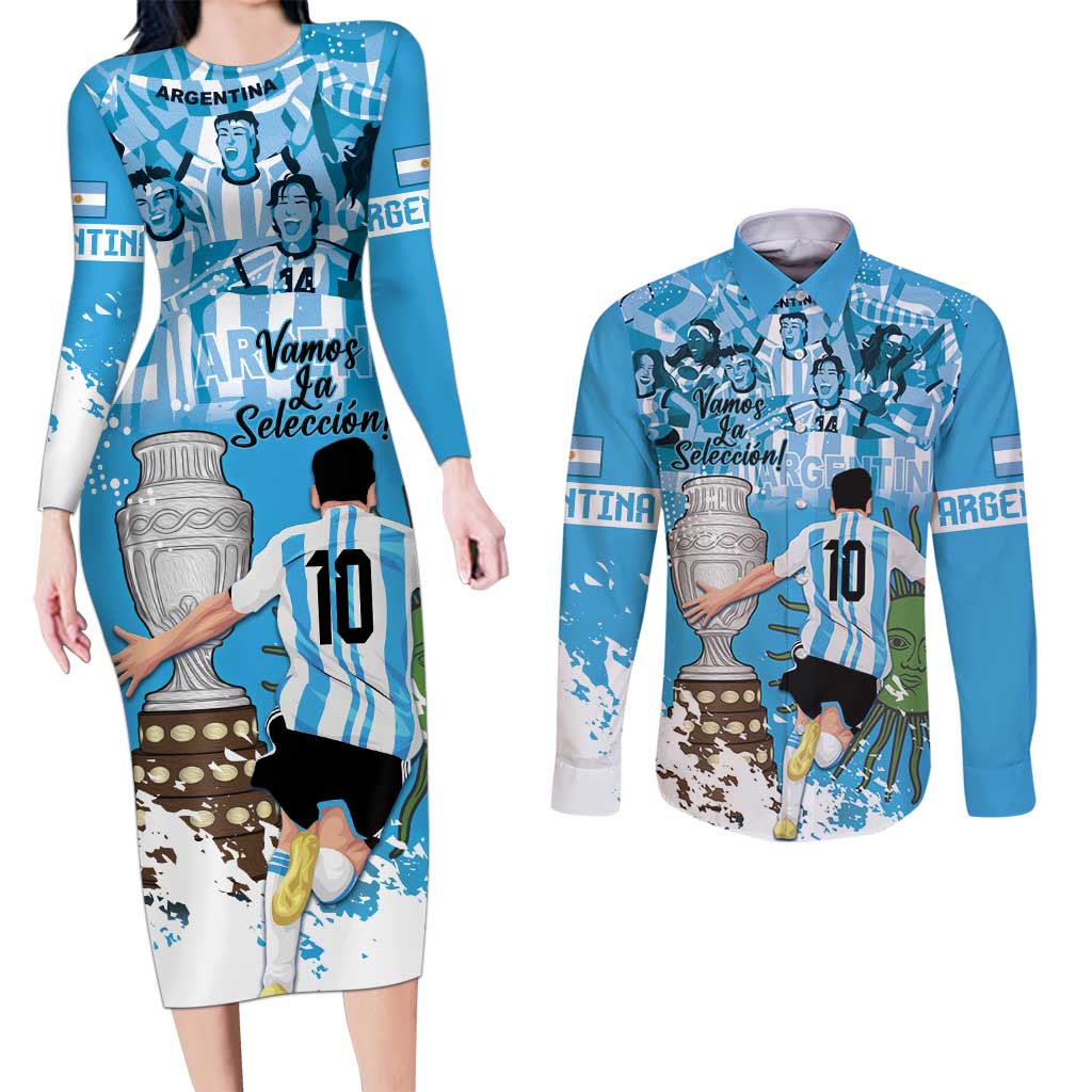 Custom Argentina Football 2024 Couples Matching Long Sleeve Bodycon Dress and Long Sleeve Button Shirt Vamos La Seleccion We Are The Champions - Wonder Print Shop
