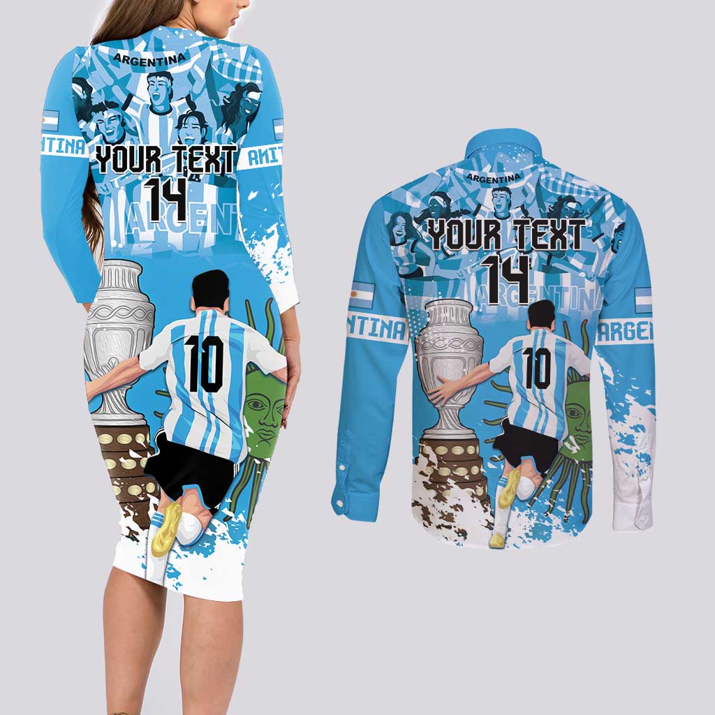 Custom Argentina Football 2024 Couples Matching Long Sleeve Bodycon Dress and Long Sleeve Button Shirt Vamos La Seleccion We Are The Champions - Wonder Print Shop