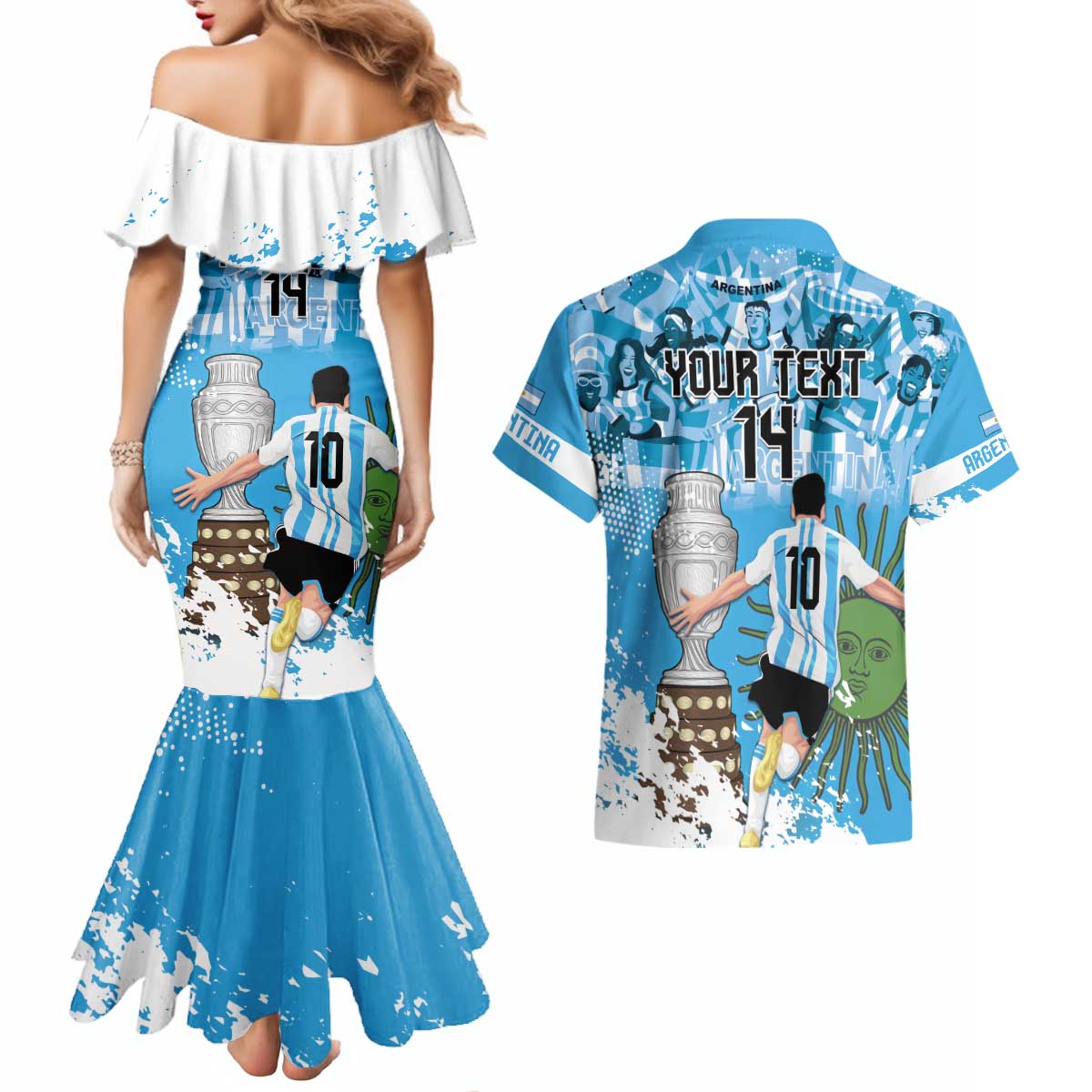 Custom Argentina Football 2024 Couples Matching Mermaid Dress and Hawaiian Shirt Vamos La Seleccion We Are The Champions - Wonder Print Shop