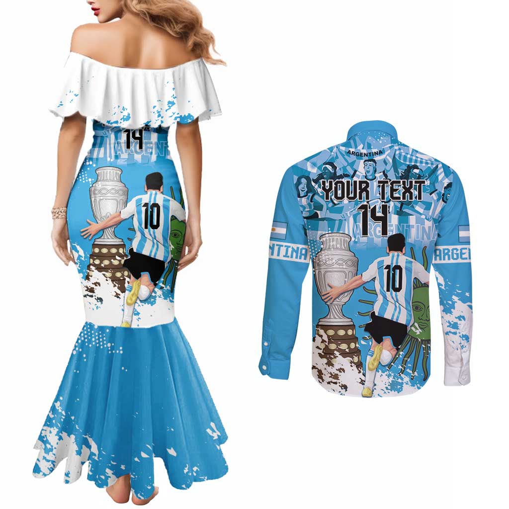 Custom Argentina Football 2024 Couples Matching Mermaid Dress and Long Sleeve Button Shirt Vamos La Seleccion We Are The Champions