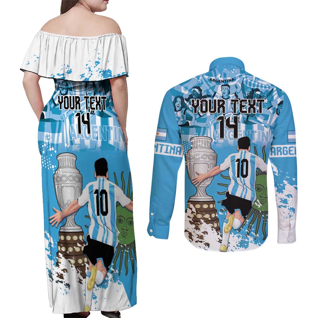 Custom Argentina Football 2024 Couples Matching Off Shoulder Maxi Dress and Long Sleeve Button Shirt Vamos La Seleccion We Are The Champions - Wonder Print Shop