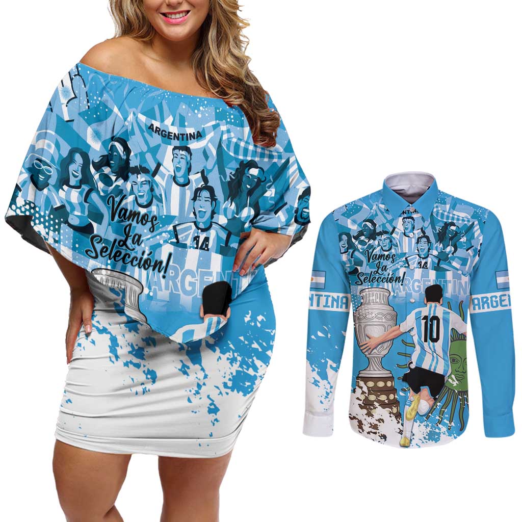 Custom Argentina Football 2024 Couples Matching Off Shoulder Short Dress and Long Sleeve Button Shirt Vamos La Seleccion We Are The Champions - Wonder Print Shop