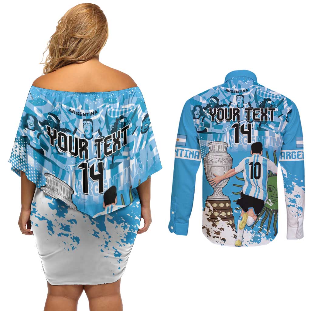 Custom Argentina Football 2024 Couples Matching Off Shoulder Short Dress and Long Sleeve Button Shirt Vamos La Seleccion We Are The Champions - Wonder Print Shop