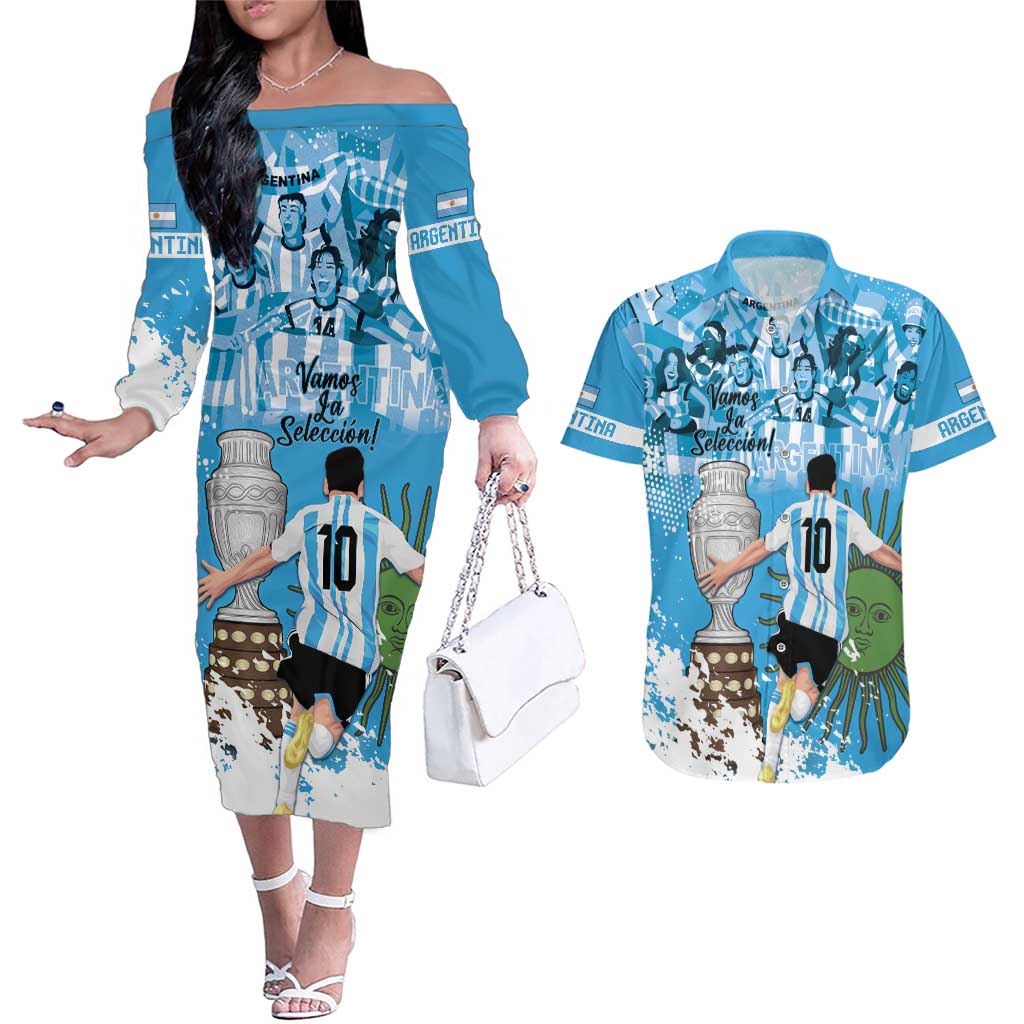 Custom Argentina Football 2024 Couples Matching Off The Shoulder Long Sleeve Dress and Hawaiian Shirt Vamos La Seleccion We Are The Champions - Wonder Print Shop