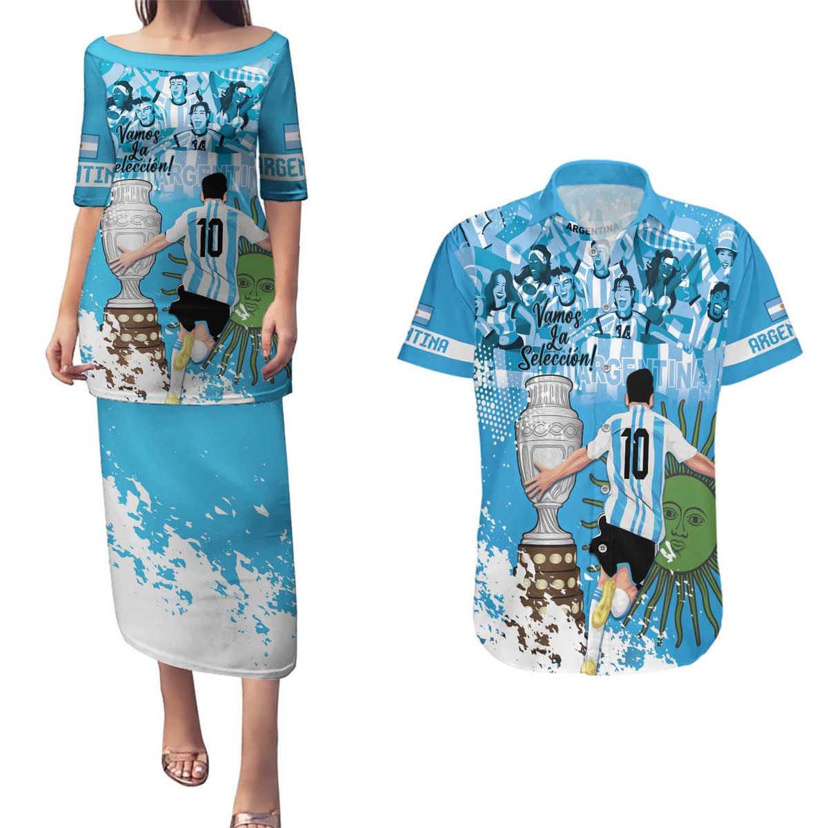 Custom Argentina Football 2024 Couples Matching Puletasi and Hawaiian Shirt Vamos La Seleccion We Are The Champions - Wonder Print Shop