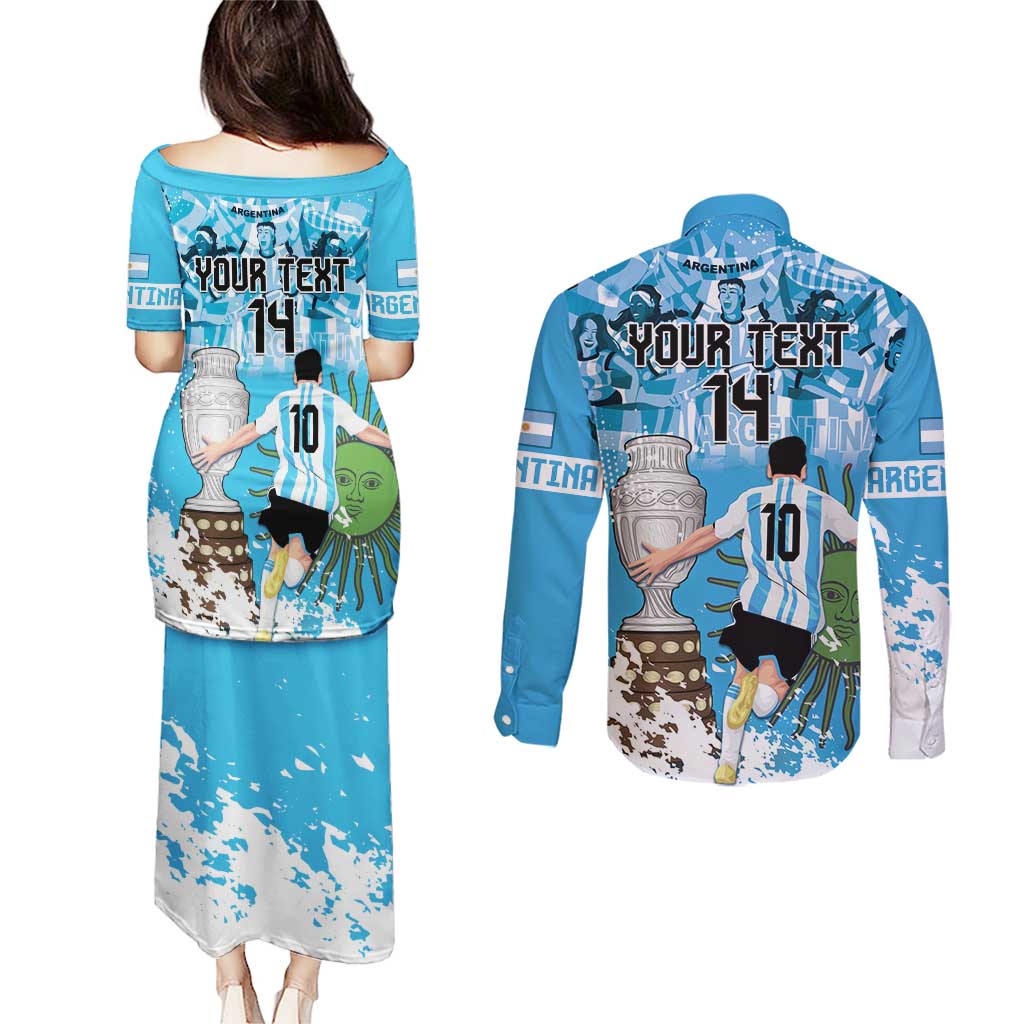 Custom Argentina Football 2024 Couples Matching Puletasi and Long Sleeve Button Shirt Vamos La Seleccion We Are The Champions - Wonder Print Shop