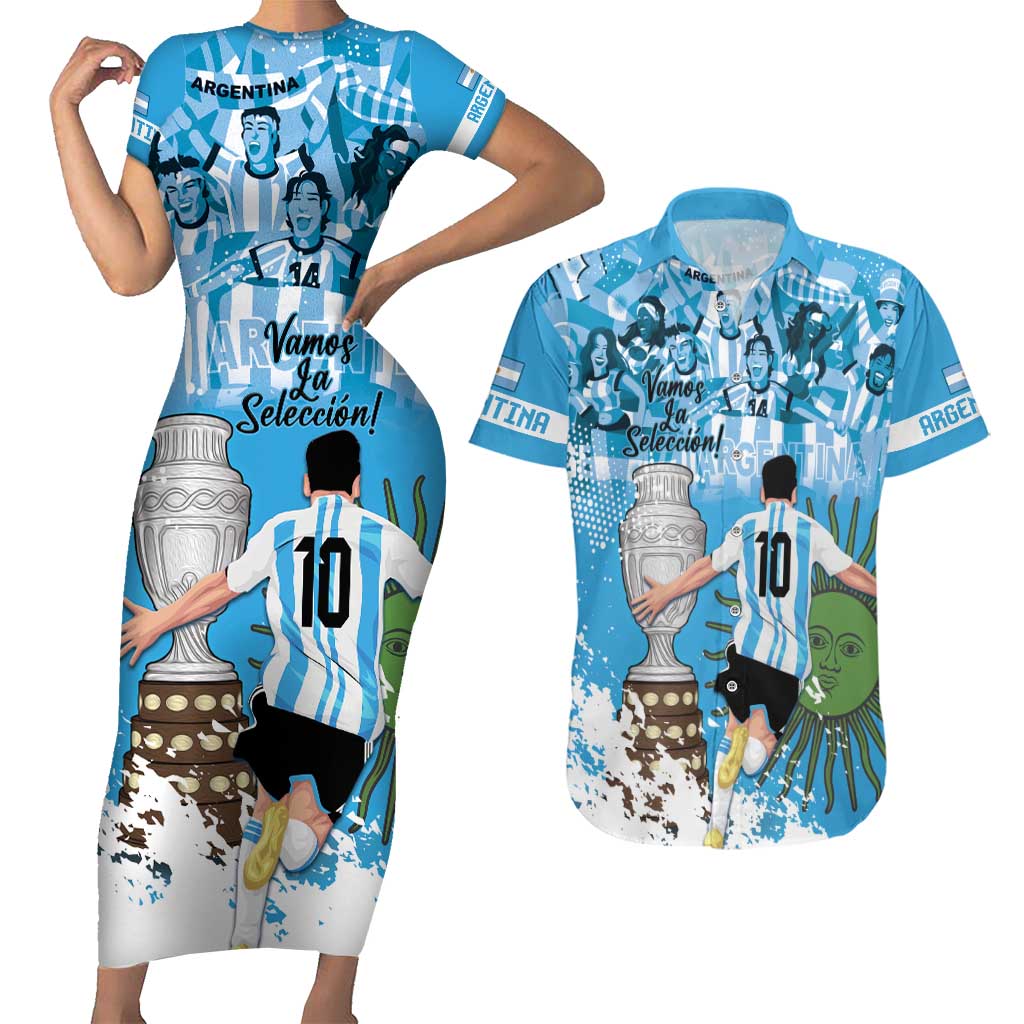Custom Argentina Football 2024 Couples Matching Short Sleeve Bodycon Dress and Hawaiian Shirt Vamos La Seleccion We Are The Champions - Wonder Print Shop