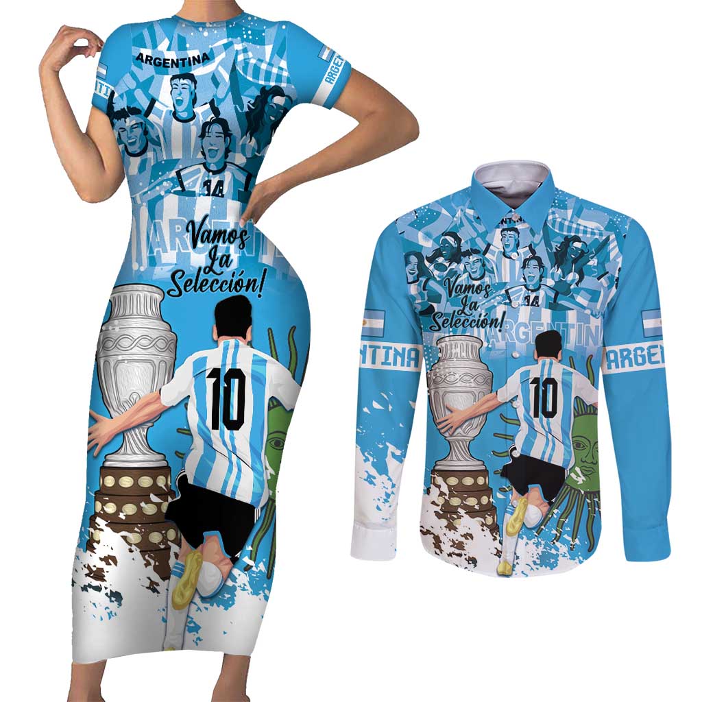 Custom Argentina Football 2024 Couples Matching Short Sleeve Bodycon Dress and Long Sleeve Button Shirt Vamos La Seleccion We Are The Champions - Wonder Print Shop