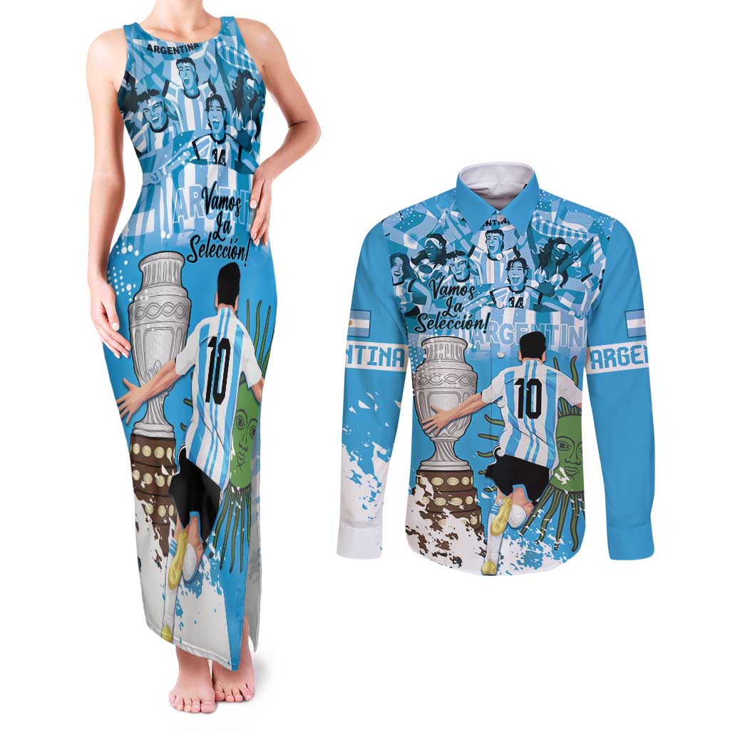 Custom Argentina Football 2024 Couples Matching Tank Maxi Dress and Long Sleeve Button Shirt Vamos La Seleccion We Are The Champions - Wonder Print Shop