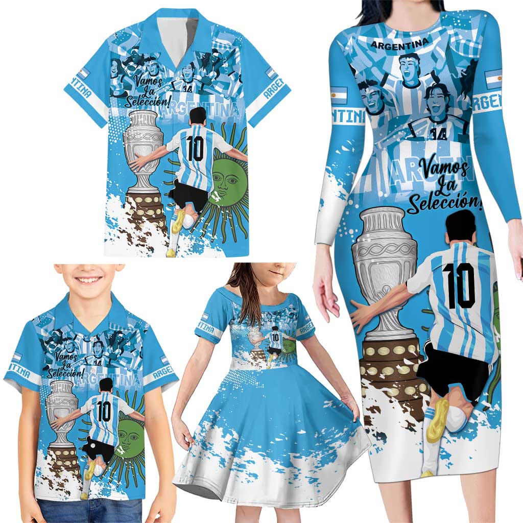 Custom Argentina Football 2024 Family Matching Long Sleeve Bodycon Dress and Hawaiian Shirt Vamos La Seleccion We Are The Champions - Wonder Print Shop