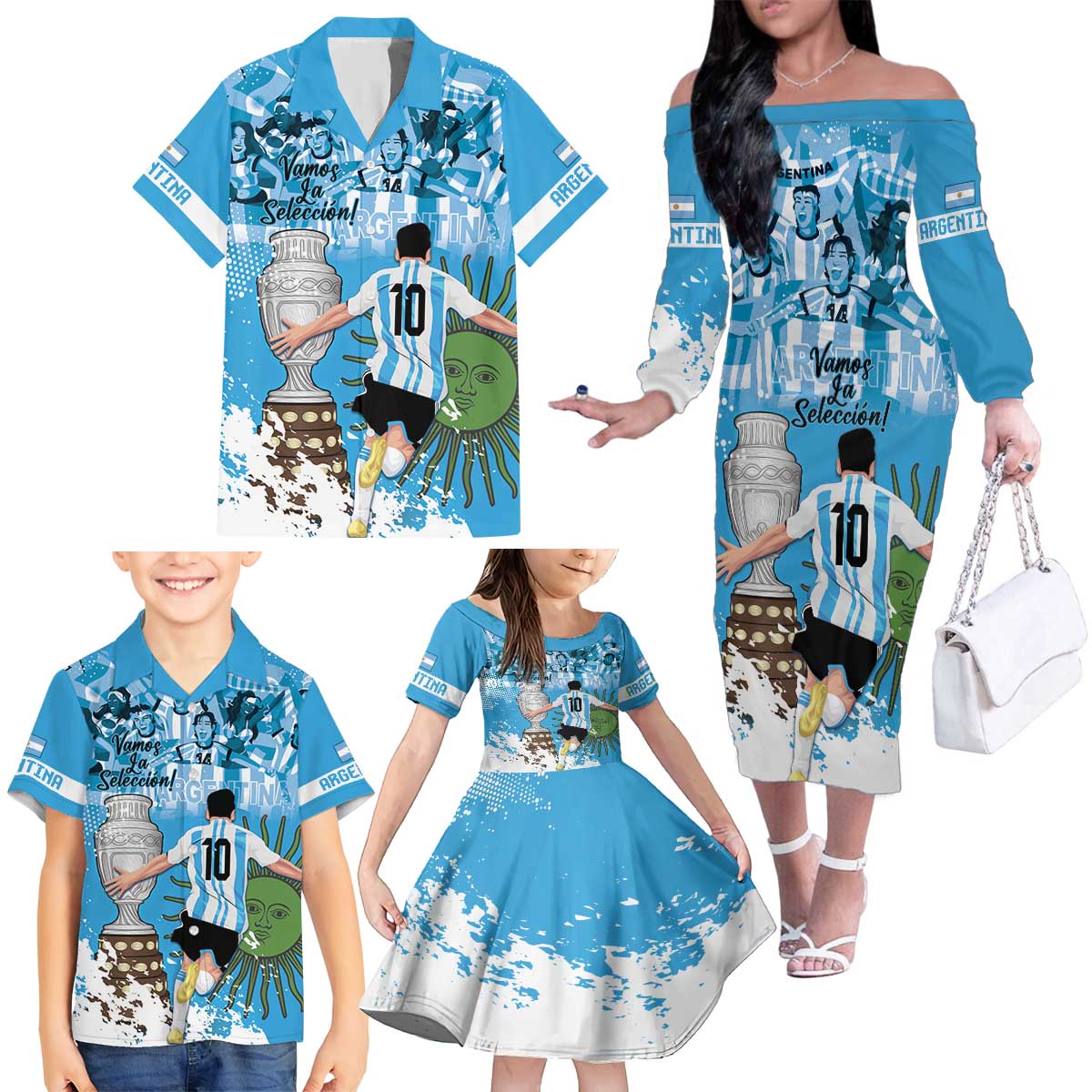Custom Argentina Football 2024 Family Matching Off The Shoulder Long Sleeve Dress and Hawaiian Shirt Vamos La Seleccion We Are The Champions - Wonder Print Shop