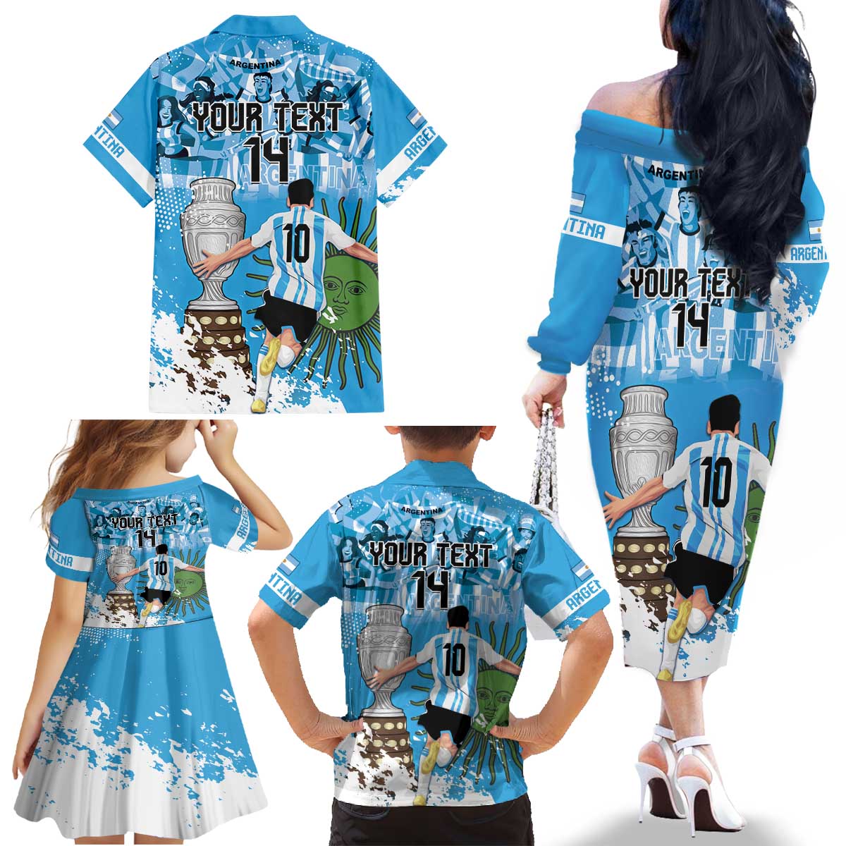 Custom Argentina Football 2024 Family Matching Off The Shoulder Long Sleeve Dress and Hawaiian Shirt Vamos La Seleccion We Are The Champions - Wonder Print Shop