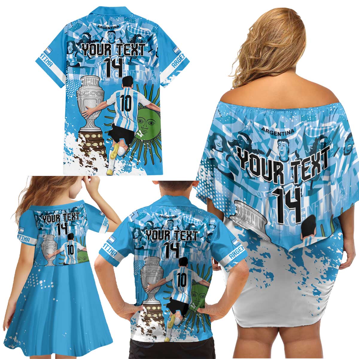 Custom Argentina Football 2024 Family Matching Off Shoulder Short Dress and Hawaiian Shirt Vamos La Seleccion We Are The Champions - Wonder Print Shop