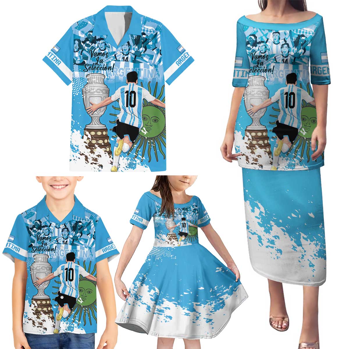 Custom Argentina Football 2024 Family Matching Puletasi and Hawaiian Shirt Vamos La Seleccion We Are The Champions - Wonder Print Shop