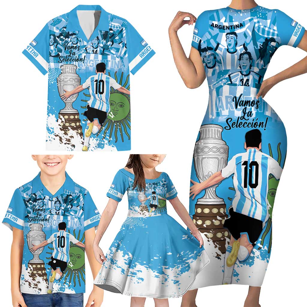 Custom Argentina Football 2024 Family Matching Short Sleeve Bodycon Dress and Hawaiian Shirt Vamos La Seleccion We Are The Champions - Wonder Print Shop