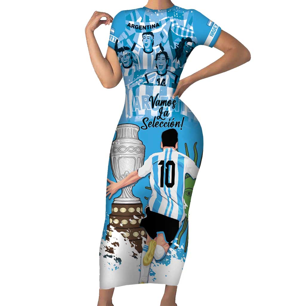 Custom Argentina Football 2024 Family Matching Short Sleeve Bodycon Dress and Hawaiian Shirt Vamos La Seleccion We Are The Champions - Wonder Print Shop