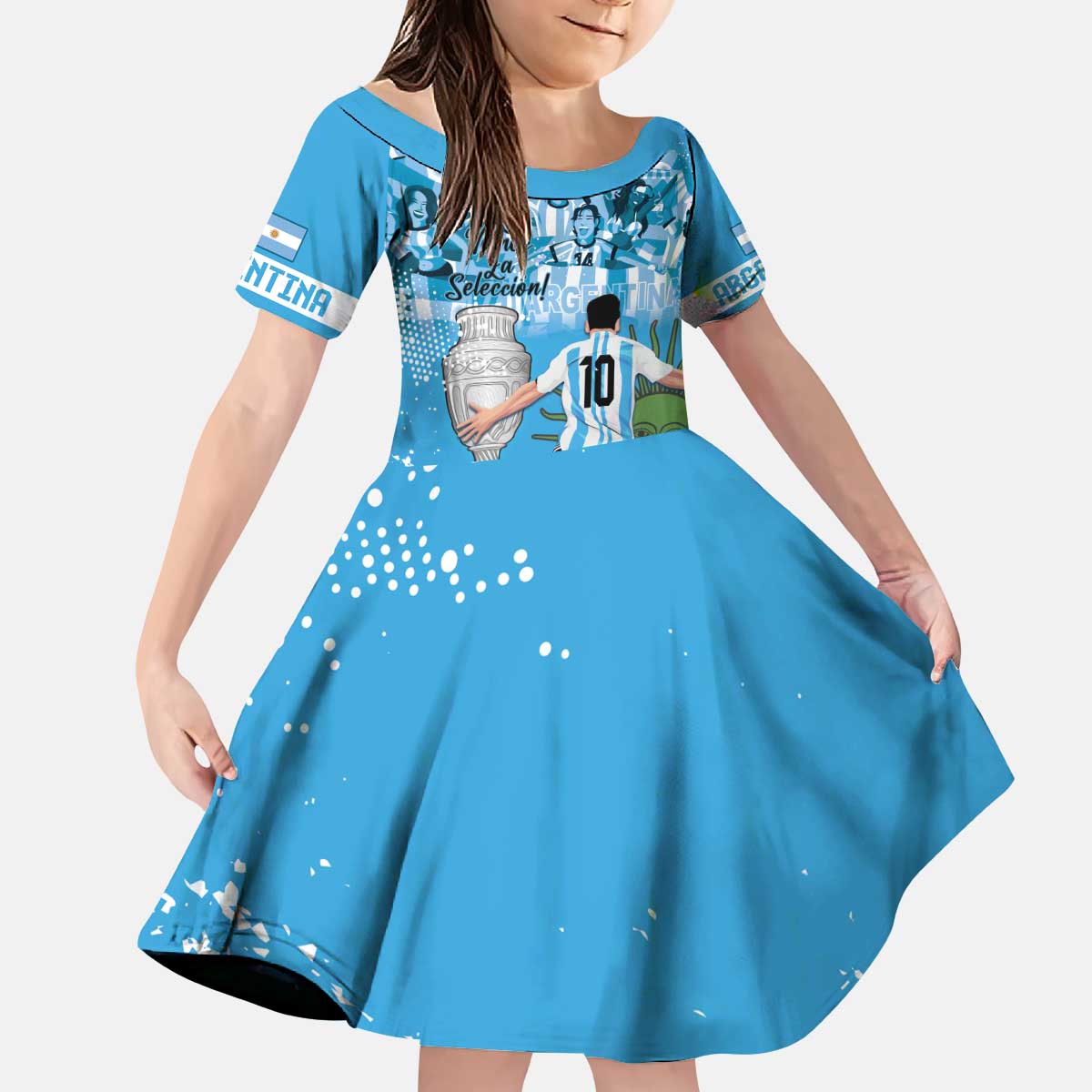 Custom Argentina Football 2024 Kid Short Sleeve Dress Vamos La Seleccion We Are The Champions - Wonder Print Shop