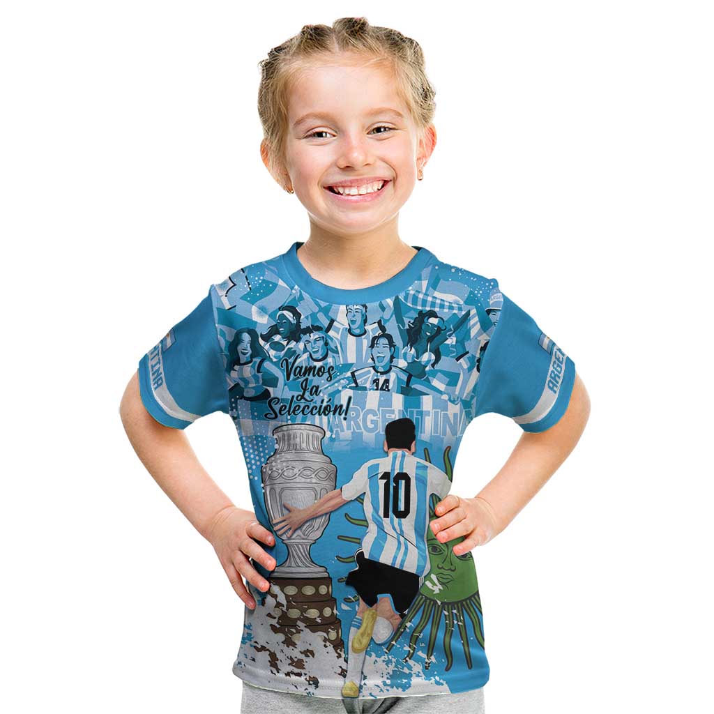 Custom Argentina Football 2024 Kid T Shirt Vamos La Seleccion We Are The Champions - Wonder Print Shop