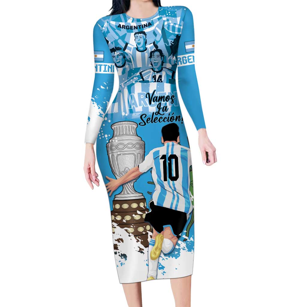 Custom Argentina Football 2024 Long Sleeve Bodycon Dress Vamos La Seleccion We Are The Champions - Wonder Print Shop