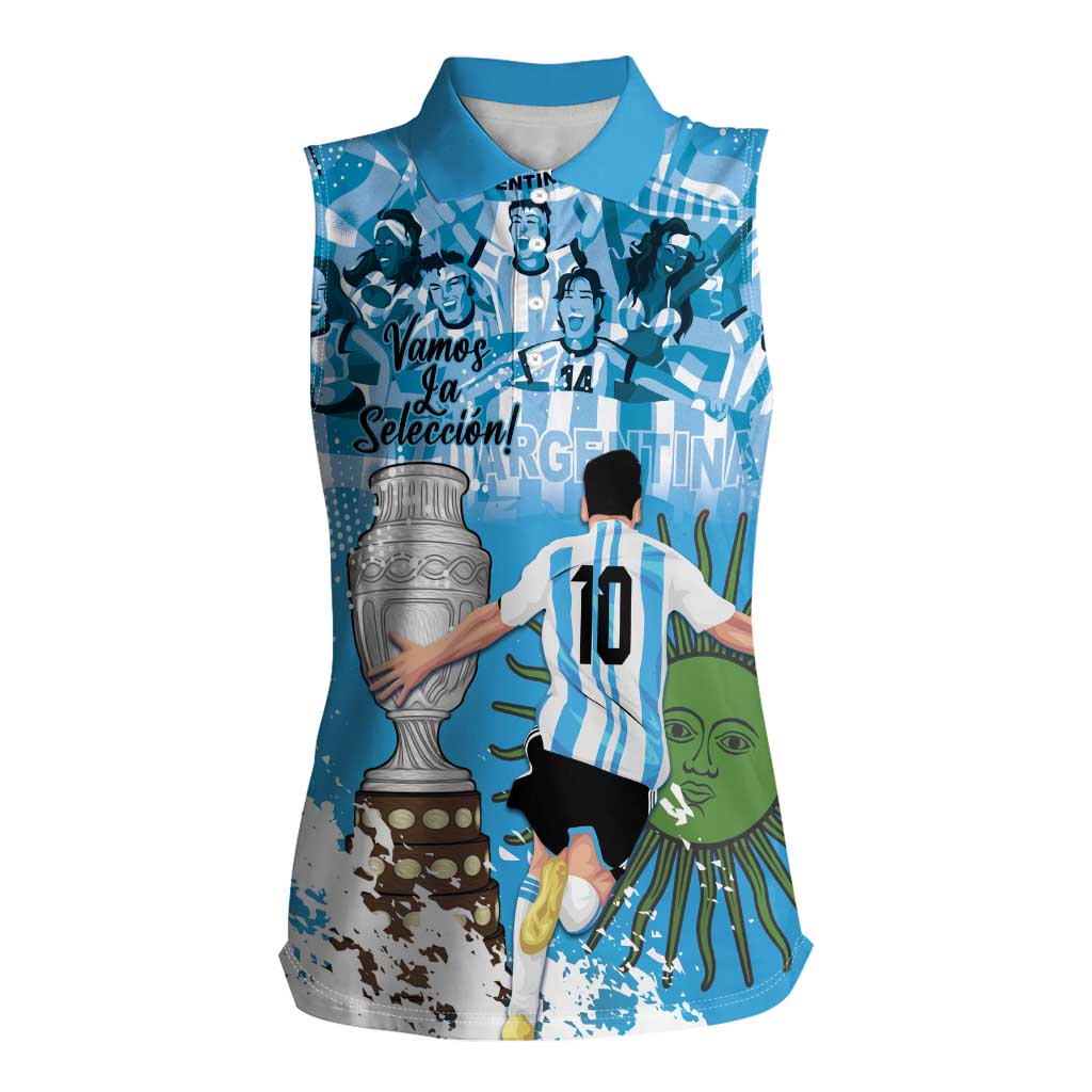 Custom Argentina Football 2024 Women Sleeveless Polo Shirt Vamos La Seleccion We Are The Champions - Wonder Print Shop