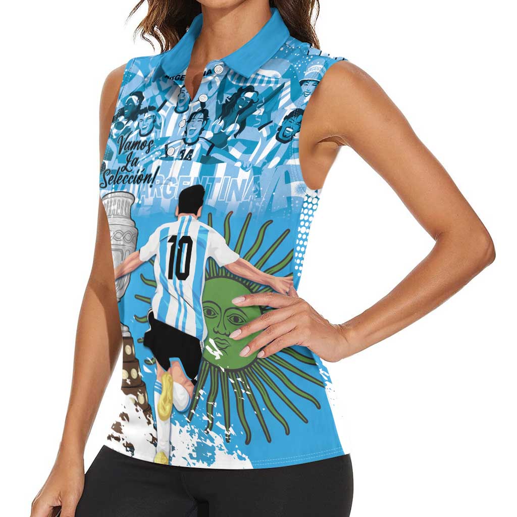 Custom Argentina Football 2024 Women Sleeveless Polo Shirt Vamos La Seleccion We Are The Champions - Wonder Print Shop