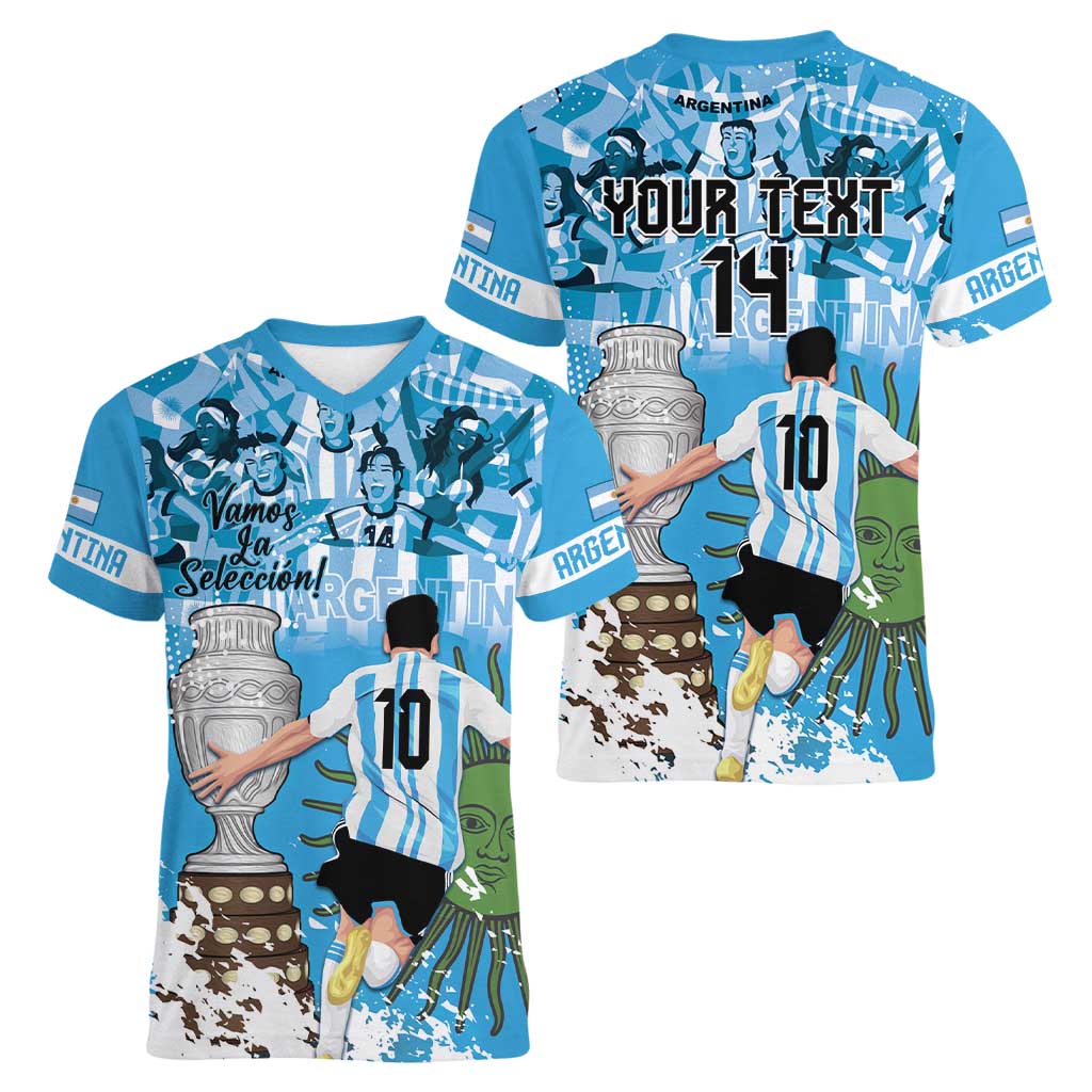 Custom Argentina Football 2024 Women V-Neck T-Shirt Vamos La Seleccion We Are The Champions - Wonder Print Shop