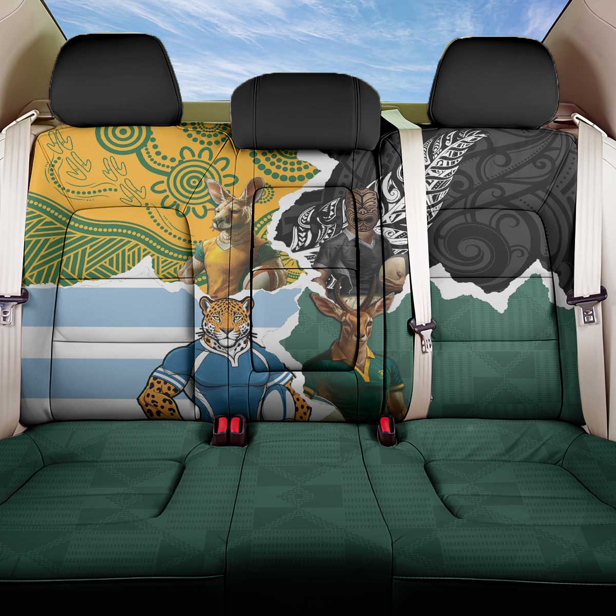 Rugby 2025 Championship Back Car Seat Cover Southern Hemisphere Countries Mascots - Wonder Print Shop