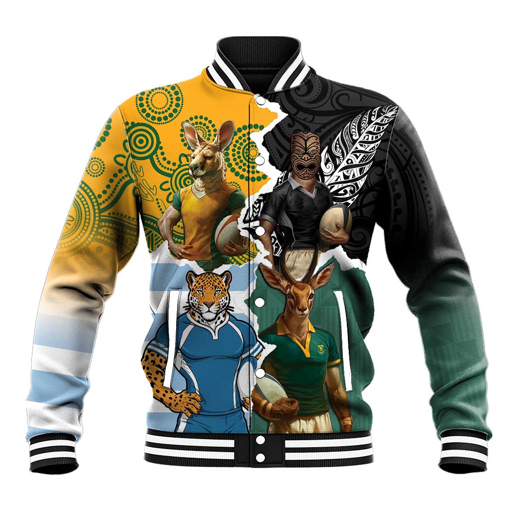 Personalised Rugby 2025 Championship Baseball Jacket Southern Hemisphere Countries Mascots - Wonder Print Shop