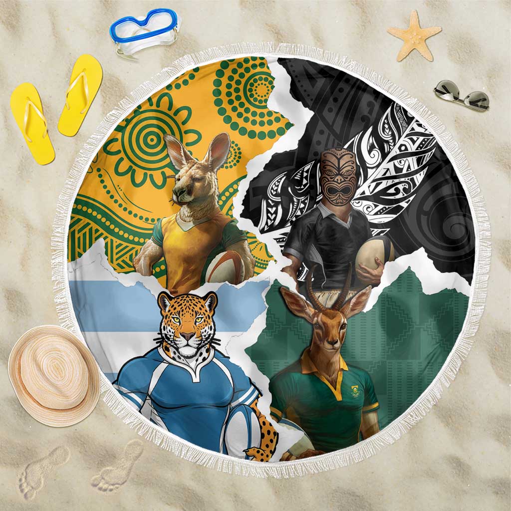 Rugby 2025 Championship Beach Blanket Southern Hemisphere Countries Mascots - Wonder Print Shop