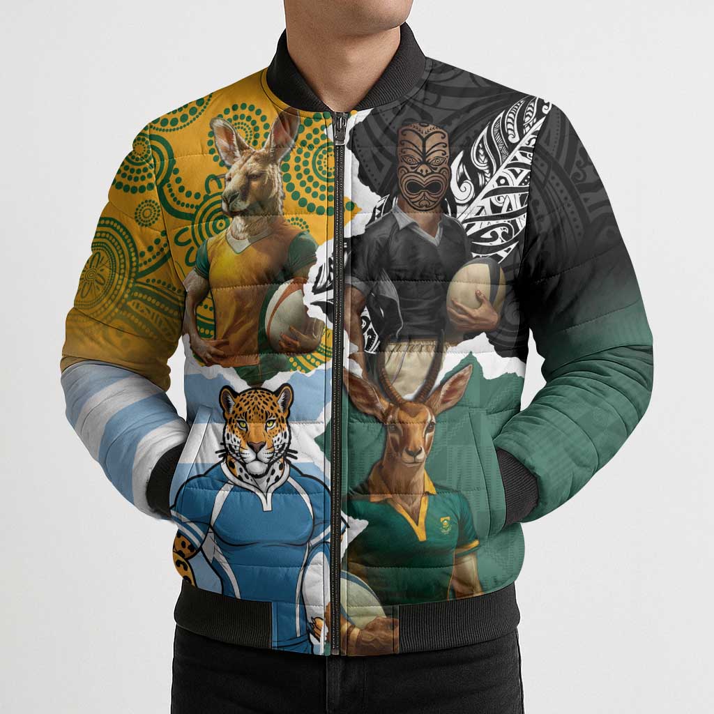 Personalised Rugby 2025 Championship Bomber Puffer Jacket Southern Hemisphere Countries Mascots - Wonder Print Shop