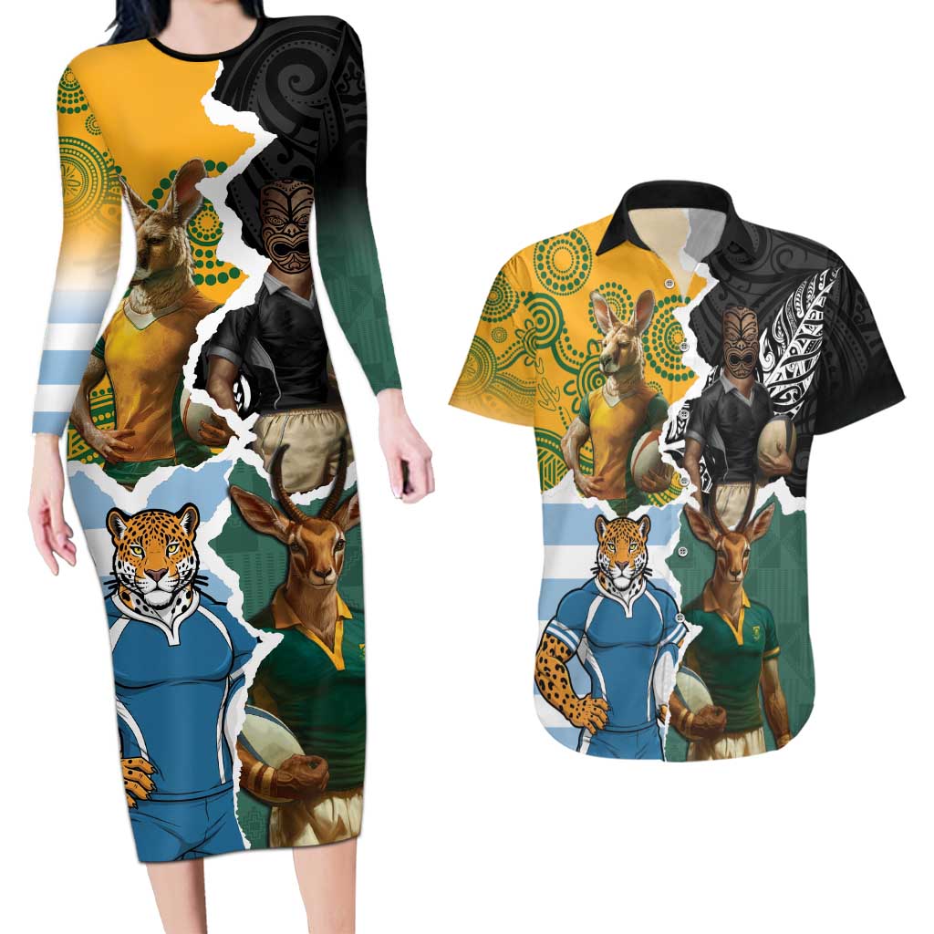 Personalised Rugby 2025 Championship Couples Matching Long Sleeve Bodycon Dress and Hawaiian Shirt Southern Hemisphere Countries Mascots - Wonder Print Shop
