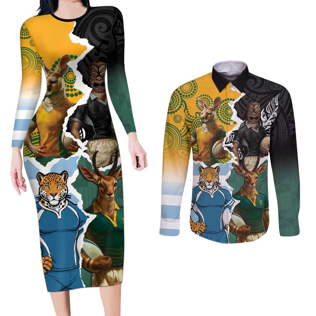 Personalised Rugby 2025 Championship Couples Matching Long Sleeve Bodycon Dress and Long Sleeve Button Shirt Southern Hemisphere Countries Mascots - Wonder Print Shop