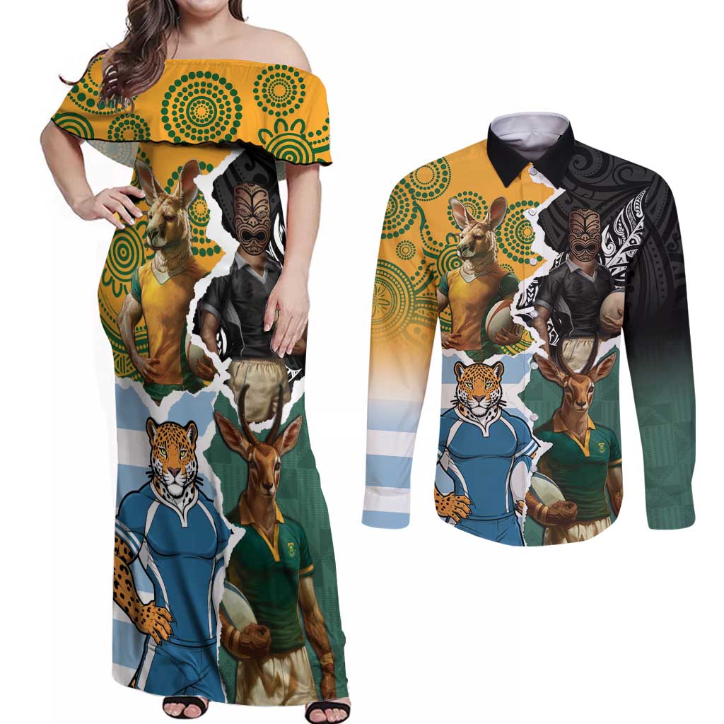 Personalised Rugby 2025 Championship Couples Matching Off Shoulder Maxi Dress and Long Sleeve Button Shirt Southern Hemisphere Countries Mascots - Wonder Print Shop