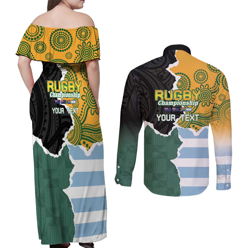 Personalised Rugby 2025 Championship Couples Matching Off Shoulder Maxi Dress and Long Sleeve Button Shirt Southern Hemisphere Countries Mascots - Wonder Print Shop