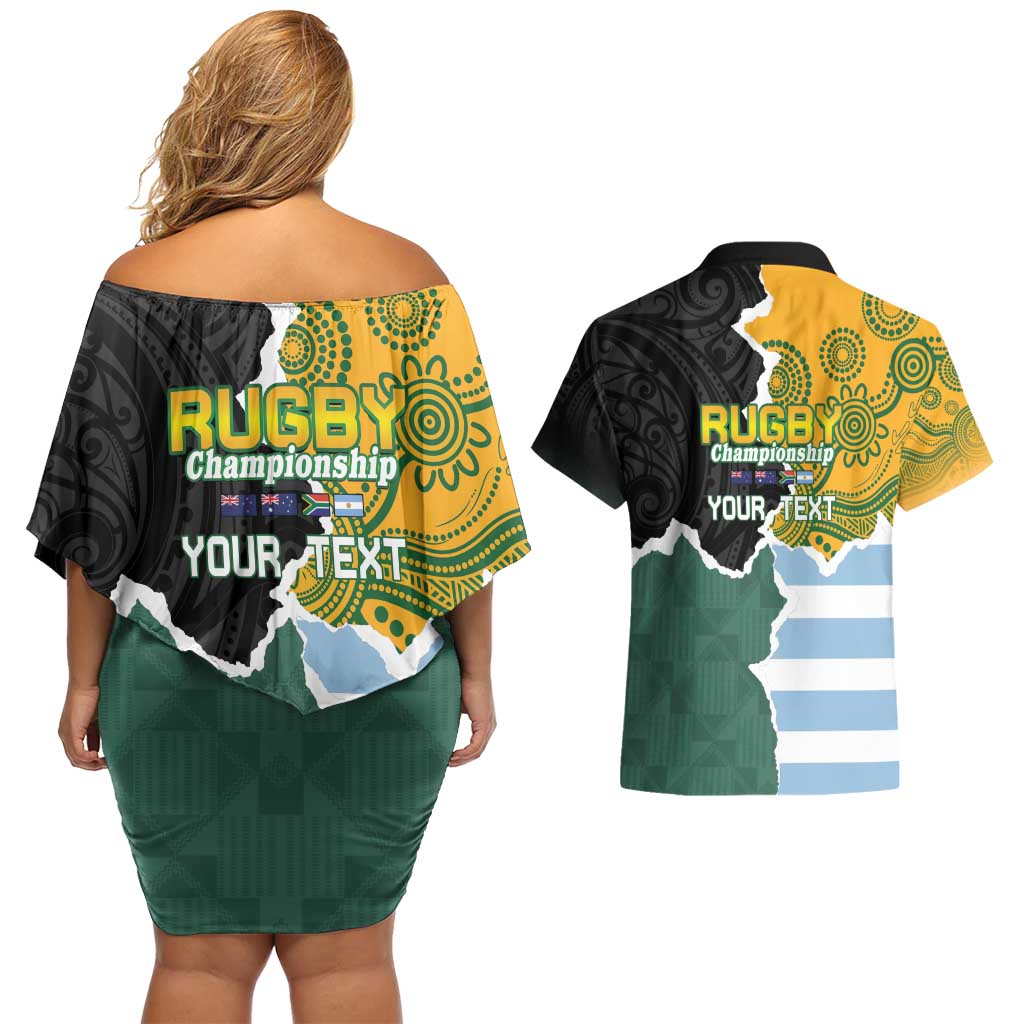 Personalised Rugby 2025 Championship Couples Matching Off Shoulder Short Dress and Hawaiian Shirt Southern Hemisphere Countries Mascots - Wonder Print Shop