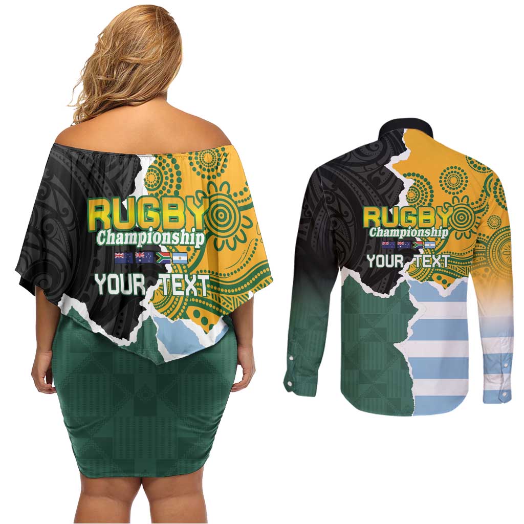 Personalised Rugby 2025 Championship Couples Matching Off Shoulder Short Dress and Long Sleeve Button Shirt Southern Hemisphere Countries Mascots - Wonder Print Shop
