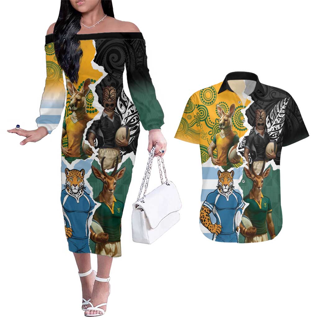Personalised Rugby 2025 Championship Couples Matching Off The Shoulder Long Sleeve Dress and Hawaiian Shirt Southern Hemisphere Countries Mascots - Wonder Print Shop
