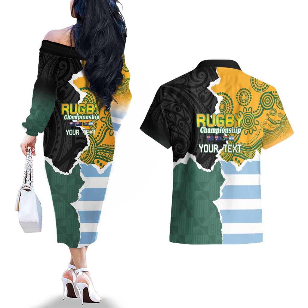 Personalised Rugby 2025 Championship Couples Matching Off The Shoulder Long Sleeve Dress and Hawaiian Shirt Southern Hemisphere Countries Mascots - Wonder Print Shop