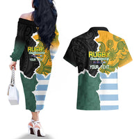 Personalised Rugby 2025 Championship Couples Matching Off The Shoulder Long Sleeve Dress and Hawaiian Shirt Southern Hemisphere Countries Mascots - Wonder Print Shop